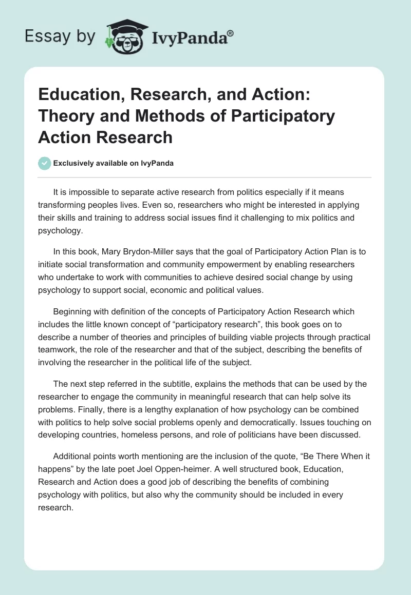 Education, Research, and Action: Theory and Methods of Participatory Action Research. Page 1