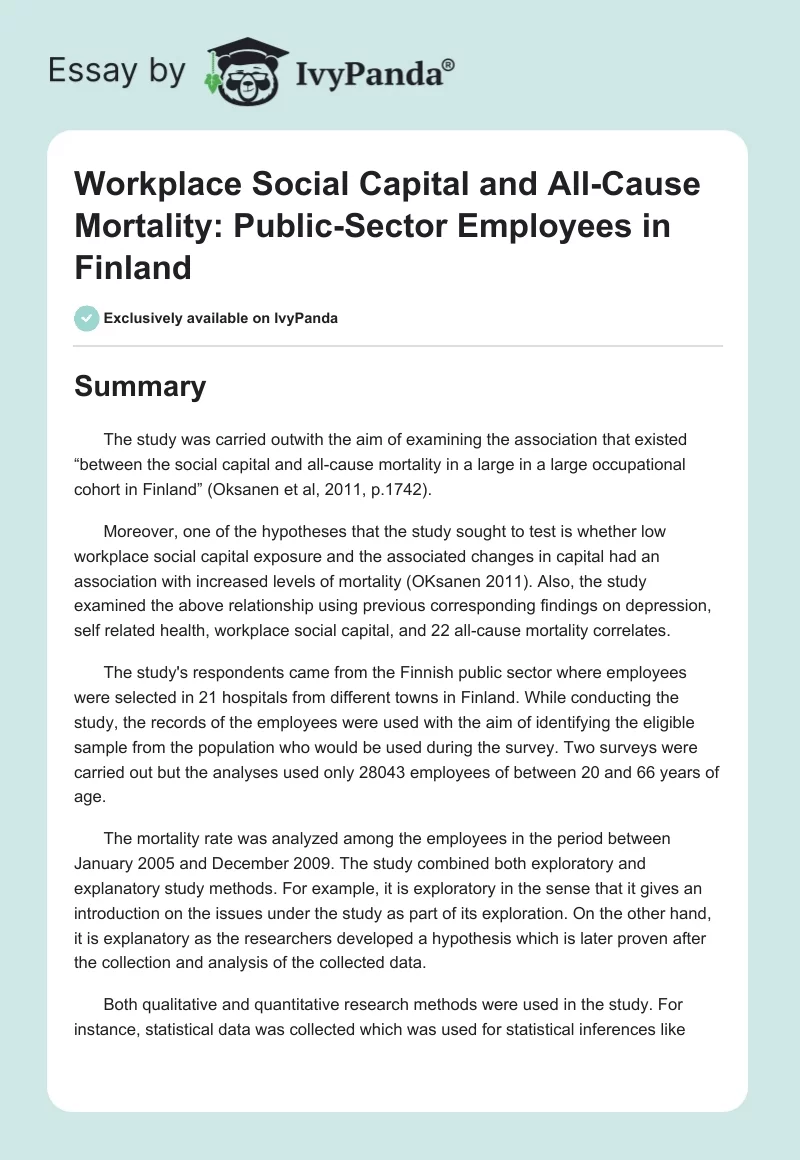 Workplace Social Capital and All-Cause Mortality: Public-Sector Employees in Finland. Page 1