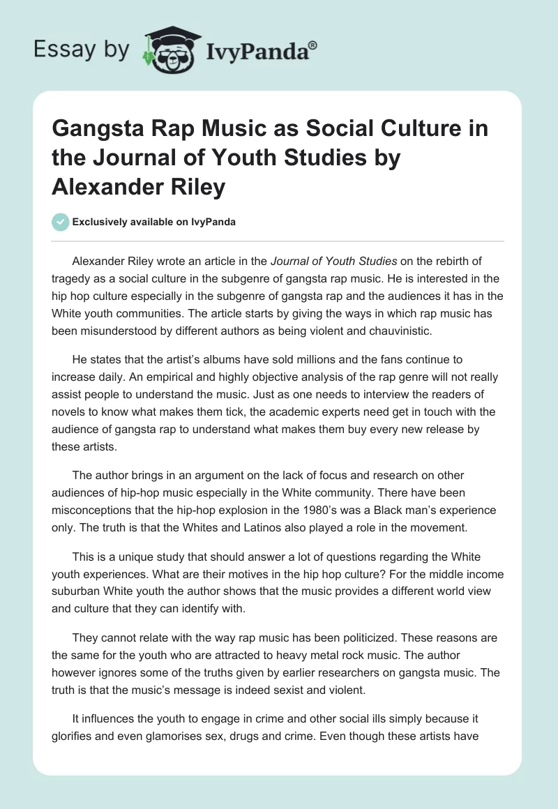 Gangsta Rap Music as Social Culture in the Journal of Youth Studies by Alexander Riley. Page 1