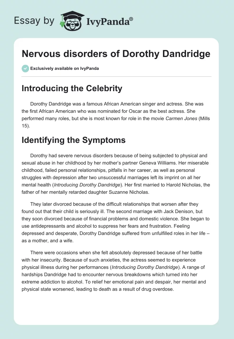 Nervous disorders of Dorothy Dandridge. Page 1