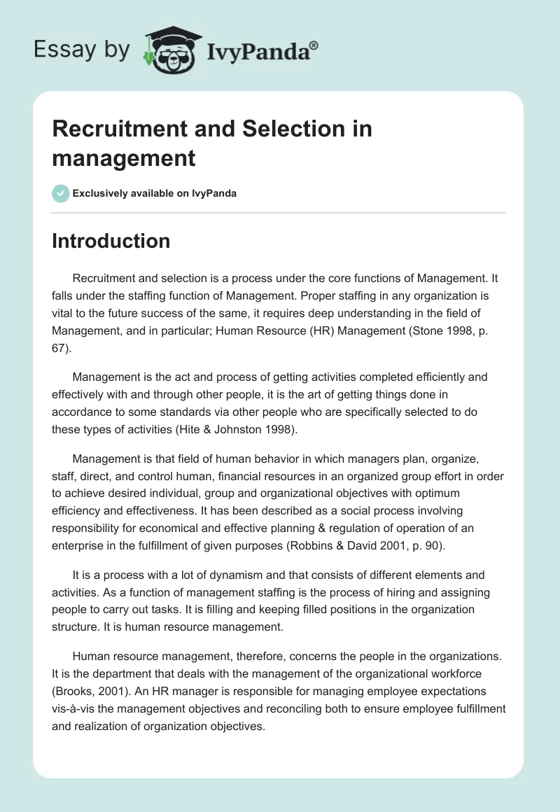 Recruitment and Selection in management. Page 1