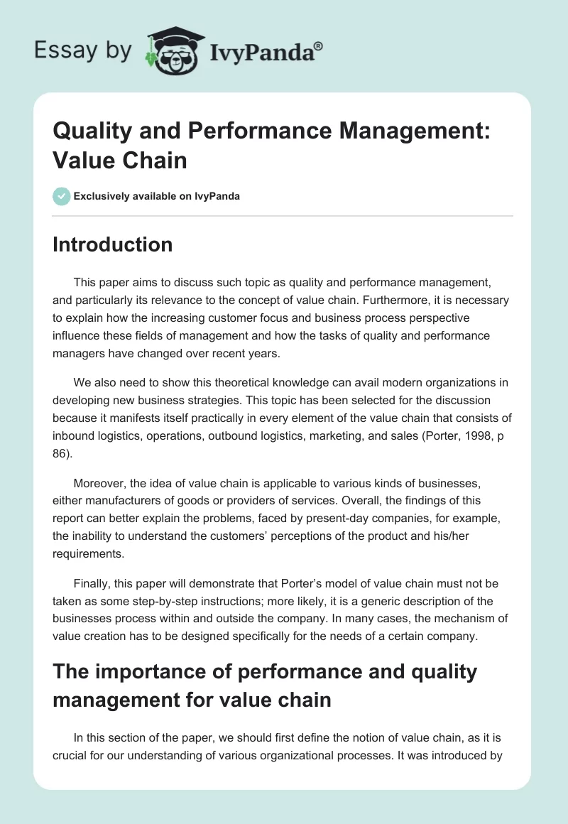 Quality and Performance Management: Value Chain. Page 1
