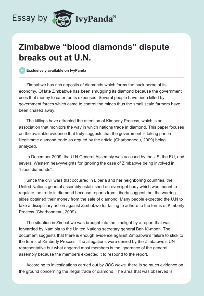 Zimbabwe “blood diamonds” dispute breaks out at U.N.. Page 1
