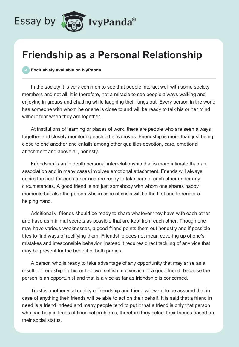 Friendship as a Personal Relationship. Page 1