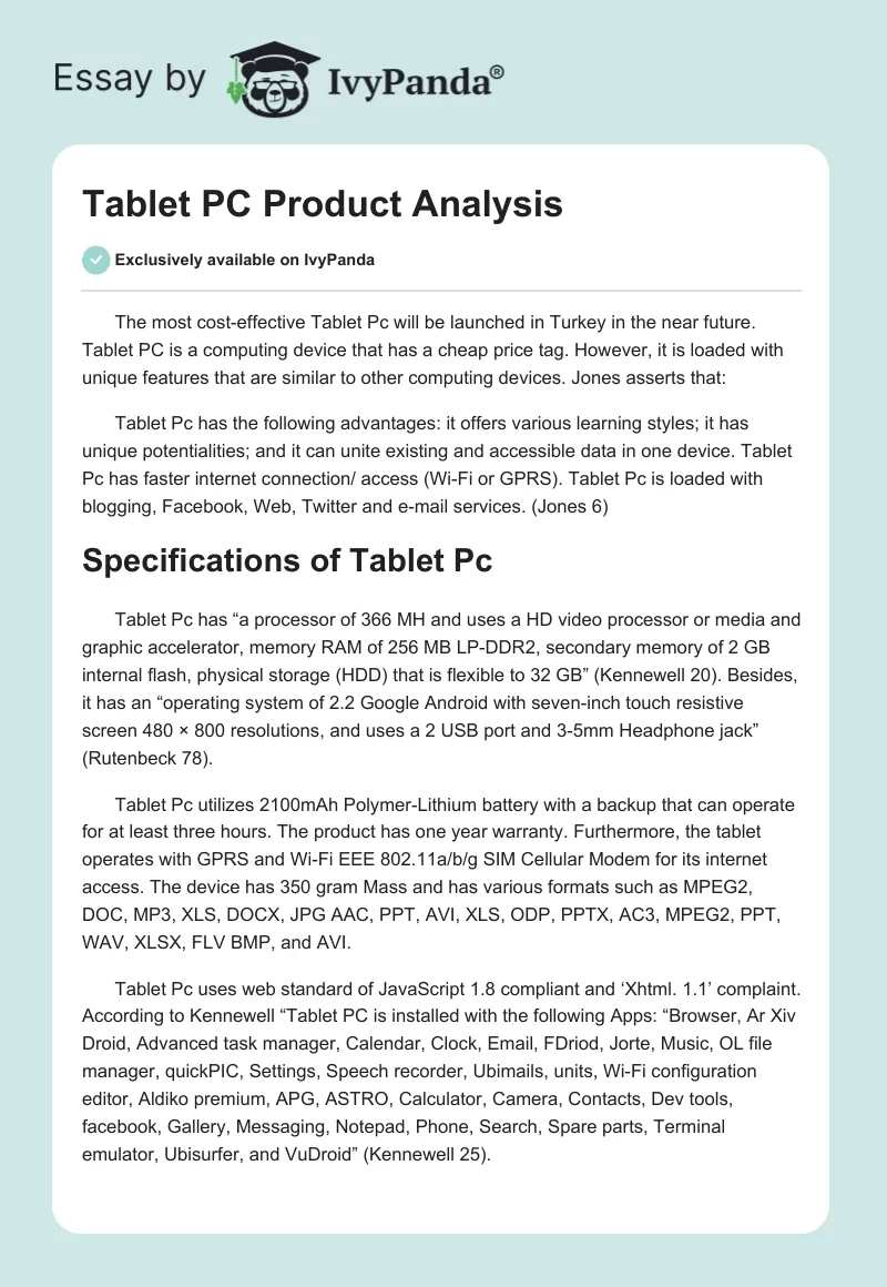 Tablet PC Product Analysis. Page 1