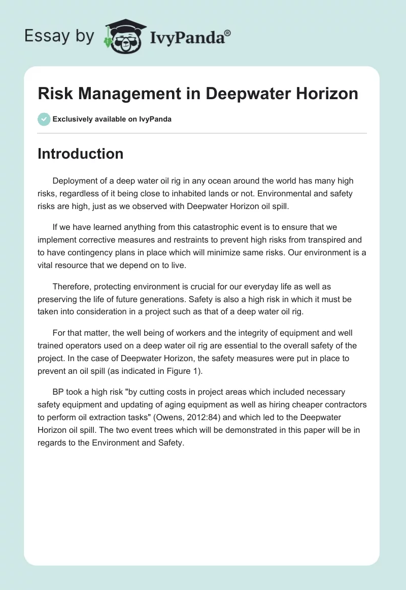 Risk Management in Deepwater Horizon. Page 1