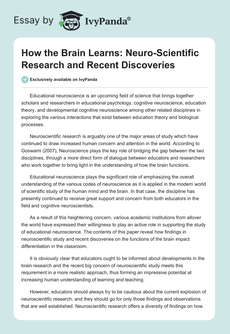 How the Brain Learns: Neuro-Scientific Research and Recent Discoveries. Page 1