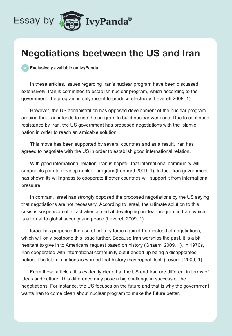 Negotiations Beetween the US and Iran. Page 1