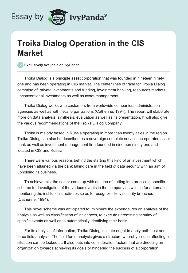 Troika Dialog Operation in the CIS Market. Page 1