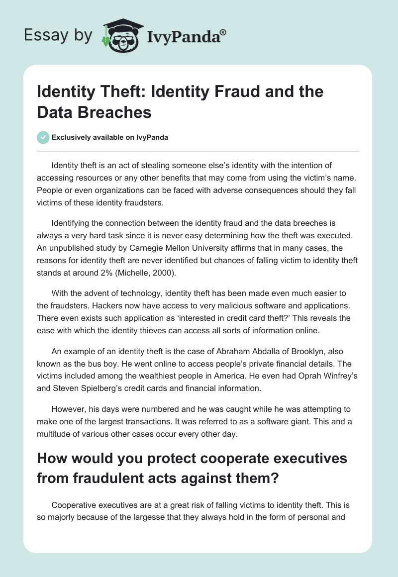 Identity Theft: Identity Fraud and the Data Breaches. Page 1