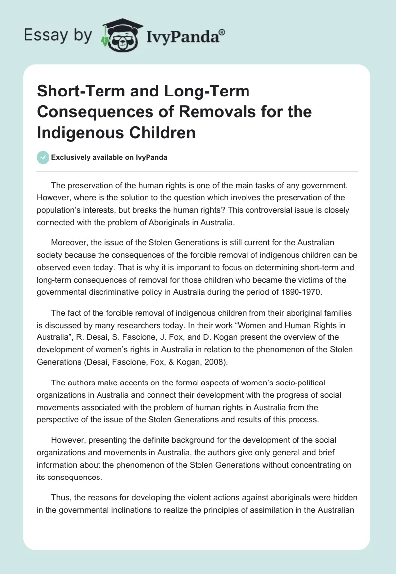 Short-Term and Long-Term Consequences of Removals for the Indigenous Children. Page 1