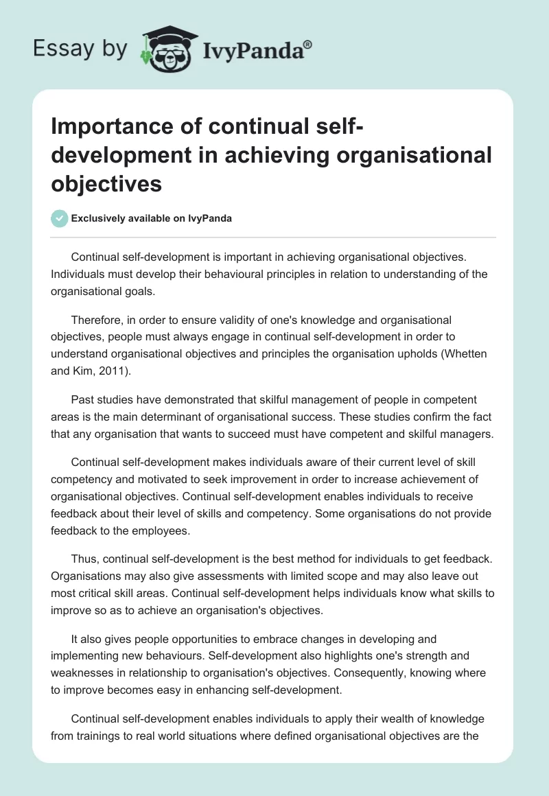 Importance of continual self-development in achieving organisational objectives. Page 1
