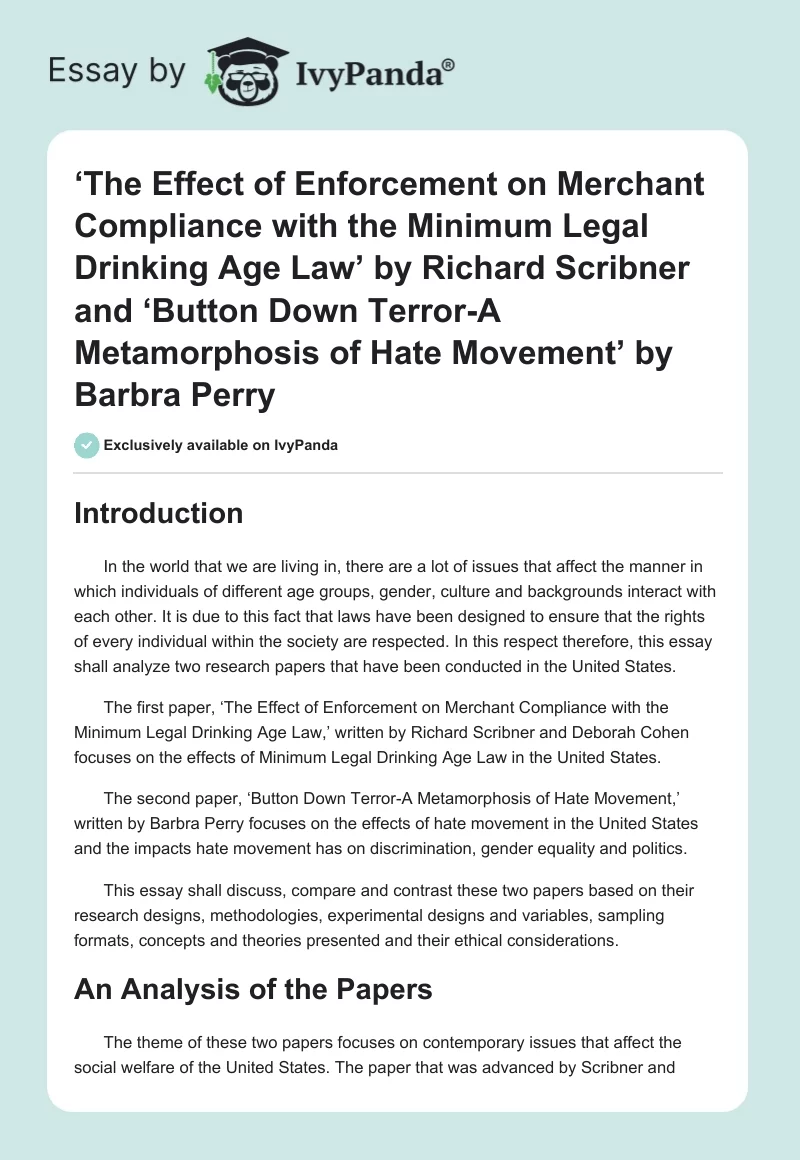 ‘The Effect of Enforcement on Merchant Compliance with the Minimum Legal Drinking Age Law’ by Richard Scribner and ‘Button Down Terror-A Metamorphosis of Hate Movement’ by Barbra Perry. Page 1