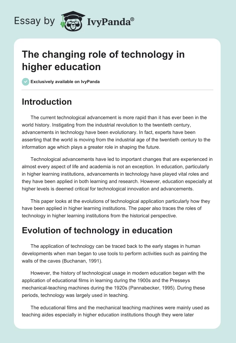 The changing role of technology in higher education. Page 1