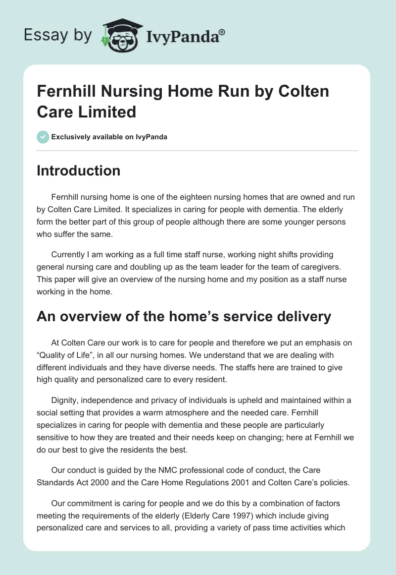 Fernhill Nursing Home Run by Colten Care Limited. Page 1