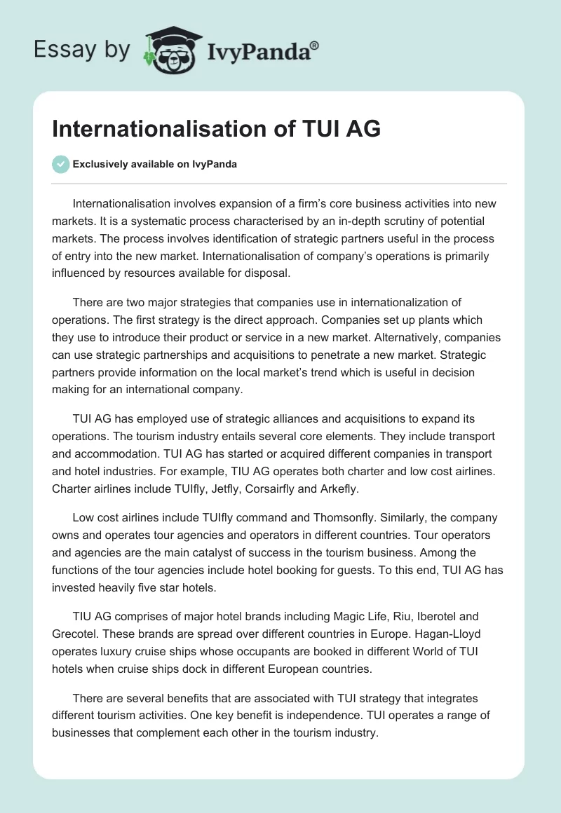 Internationalisation of TUI AG. Page 1