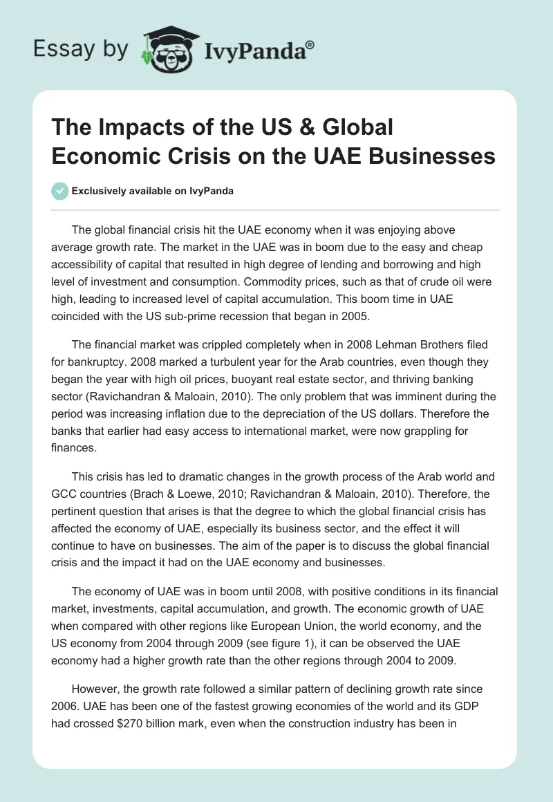 The Impacts of the US & Global Economic Crisis on the UAE Businesses. Page 1