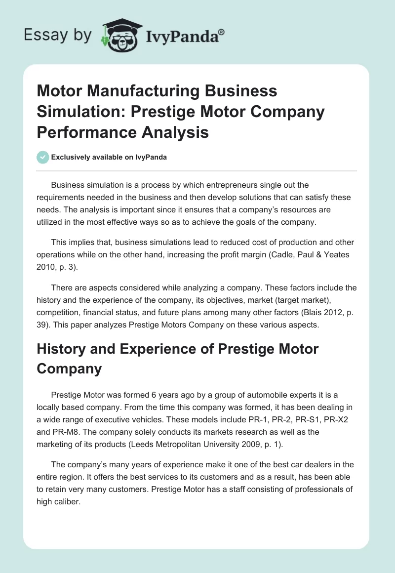 Motor Manufacturing Business Simulation: Prestige Motor Company Performance Analysis. Page 1