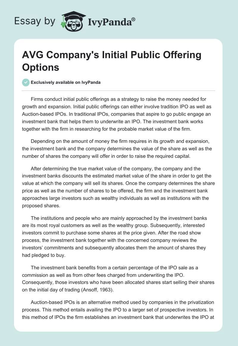 AVG Company's Initial Public Offering Options. Page 1