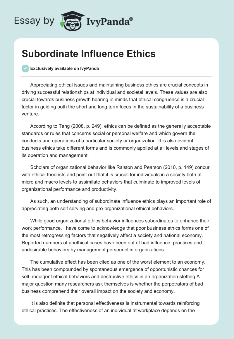 Subordinate Influence Ethics. Page 1