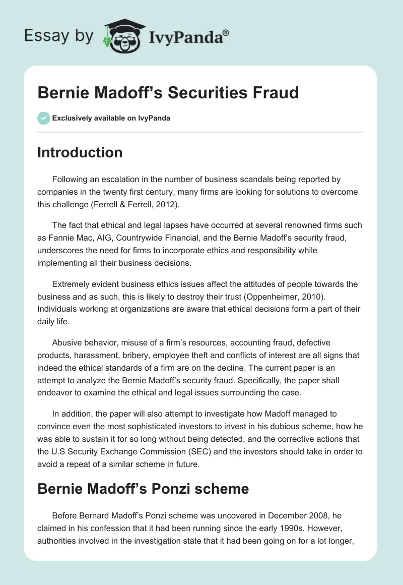 Bernie Madoff’s Securities Fraud. Page 1