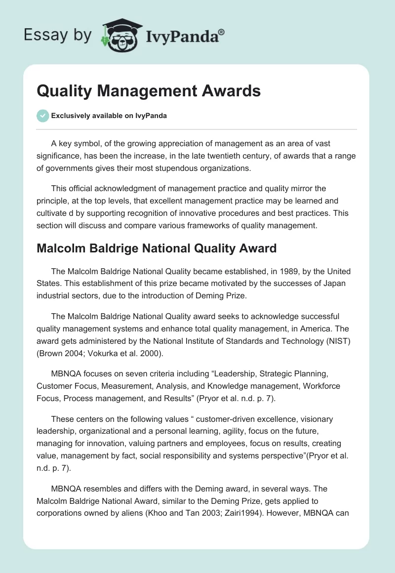 Quality Management Awards. Page 1