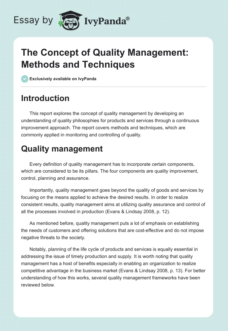 The Concept of Quality Management: Methods and Techniques. Page 1