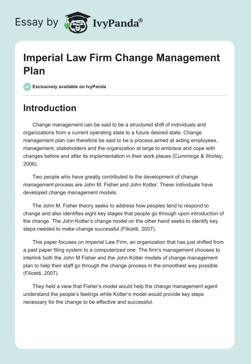 Imperial Law Firm Change Management Plan. Page 1