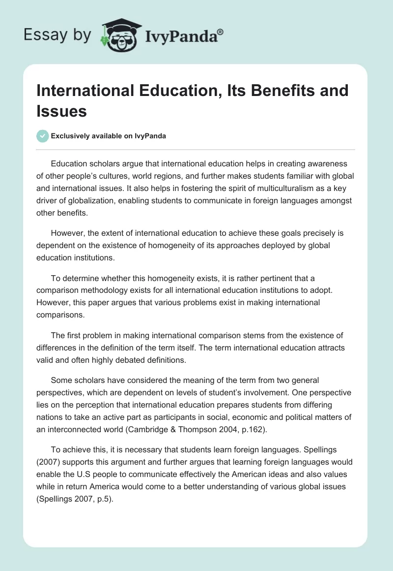 International Education, Its Benefits and Issues. Page 1
