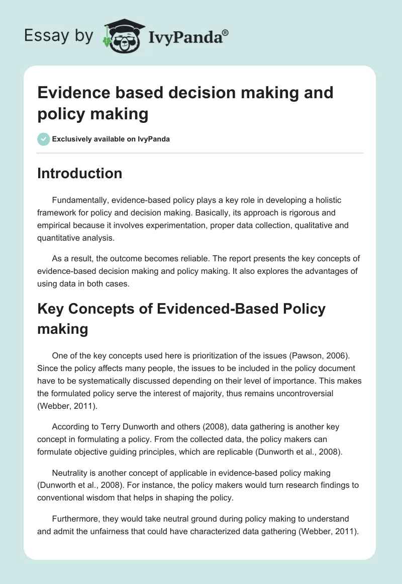 Evidence based decision making and policy making. Page 1