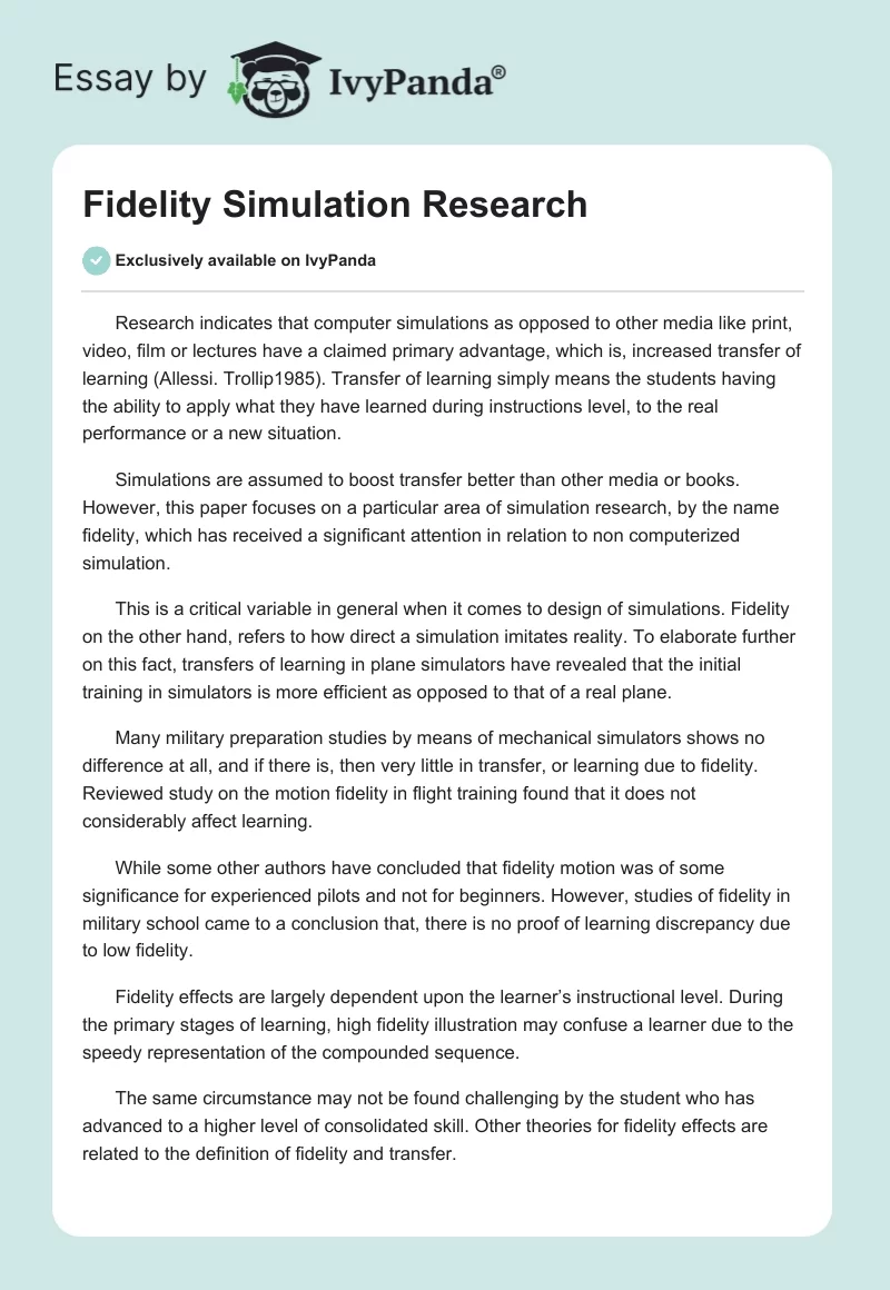 Fidelity Simulation Research. Page 1