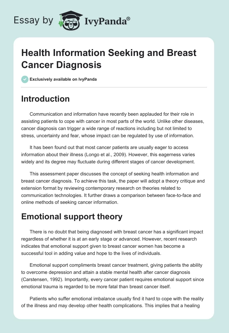 Health Information Seeking and Breast Cancer Diagnosis. Page 1
