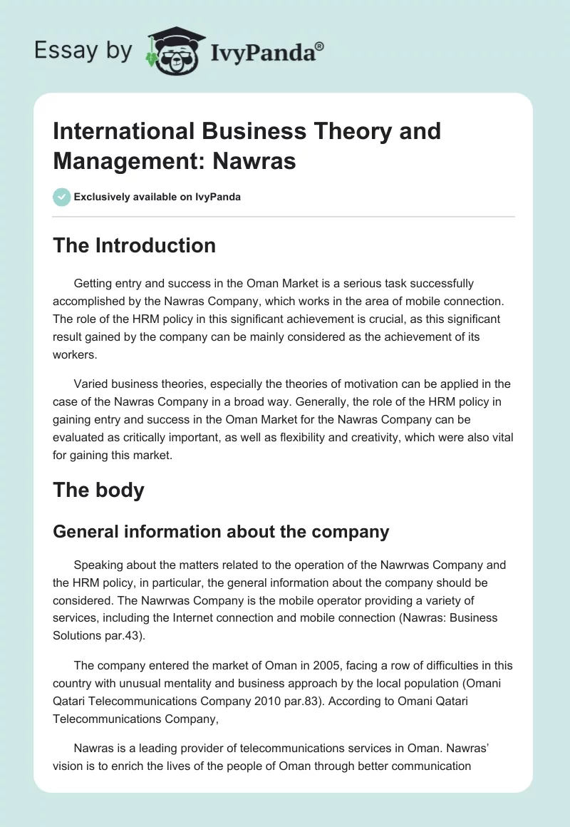 International Business Theory and Management: Nawras. Page 1