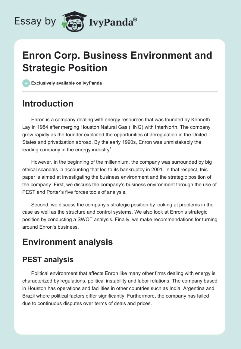 Enron Corp. Business Environment and Strategic Position. Page 1