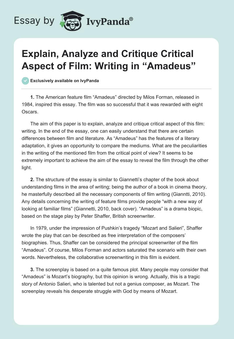 Explain, Analyze and Critique Critical Aspect of Film: Writing in “Amadeus”. Page 1