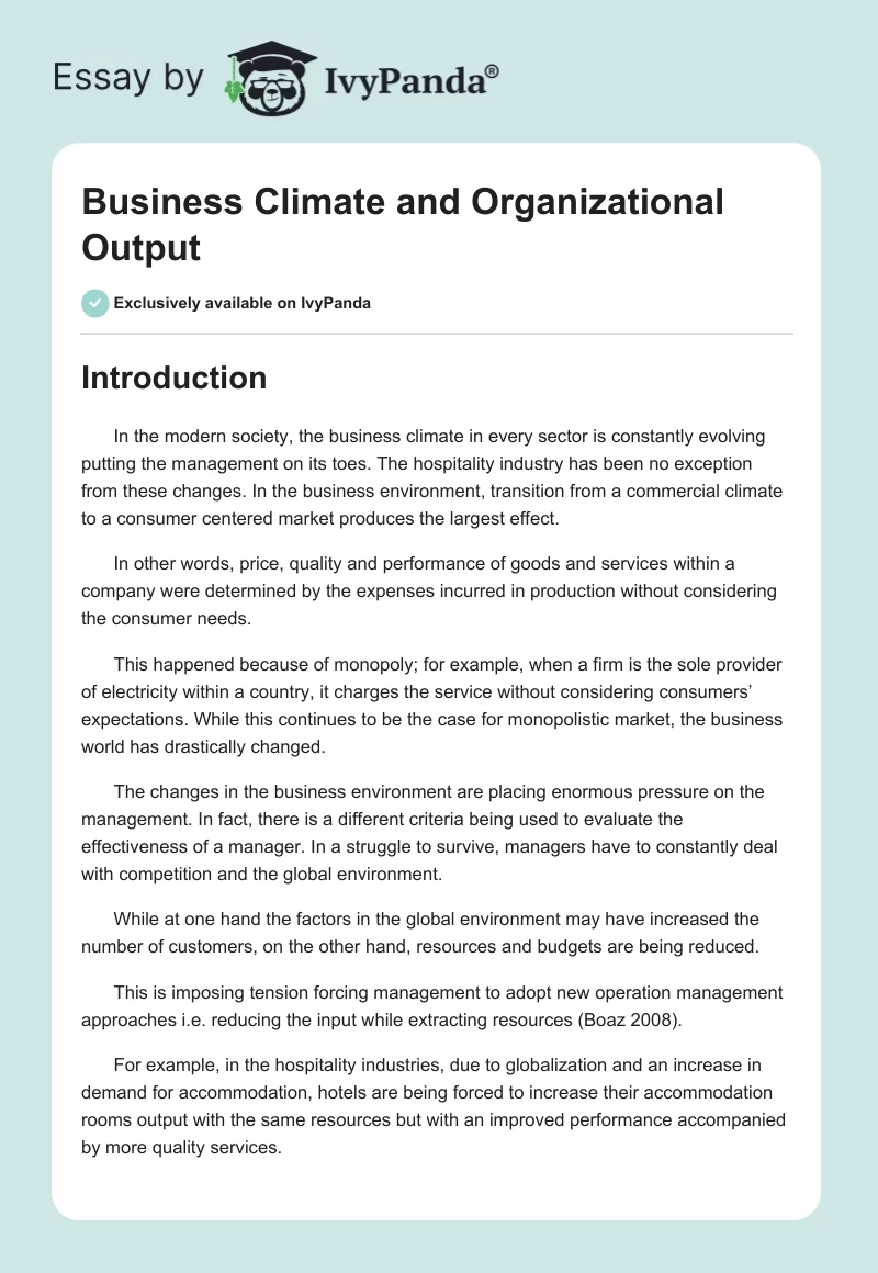 Business Climate and Organizational Output. Page 1