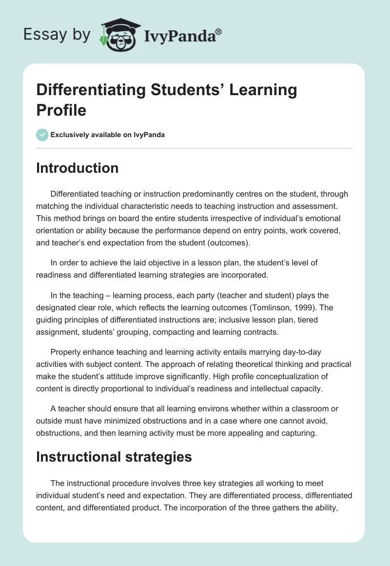 Differentiating Students’ Learning Profile. Page 1