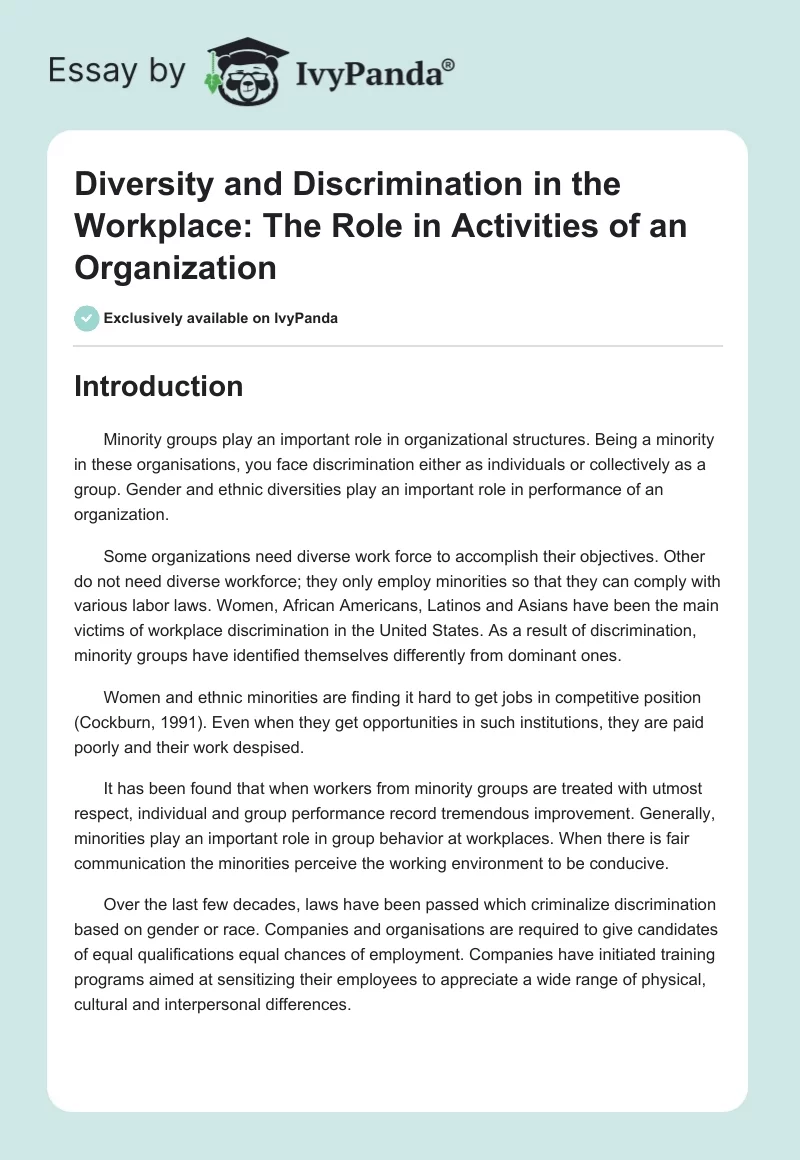 Diversity and Discrimination in the Workplace: The Role in Activities of an Organization. Page 1