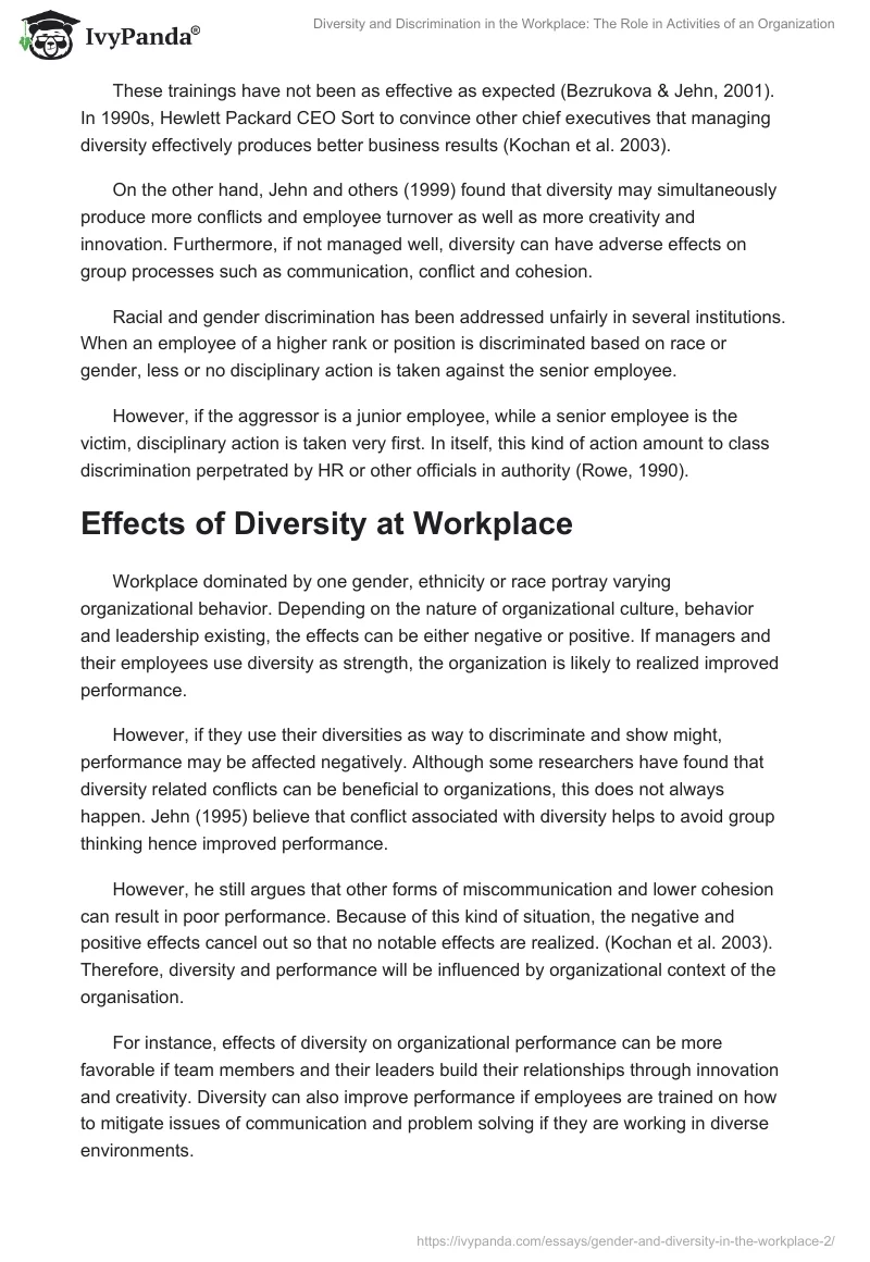 Diversity and Discrimination in the Workplace: The Role in Activities of an Organization. Page 2