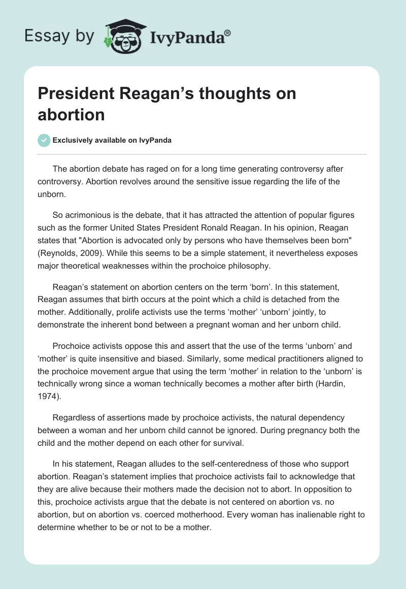 President Reagan’s Thoughts on Abortion. Page 1