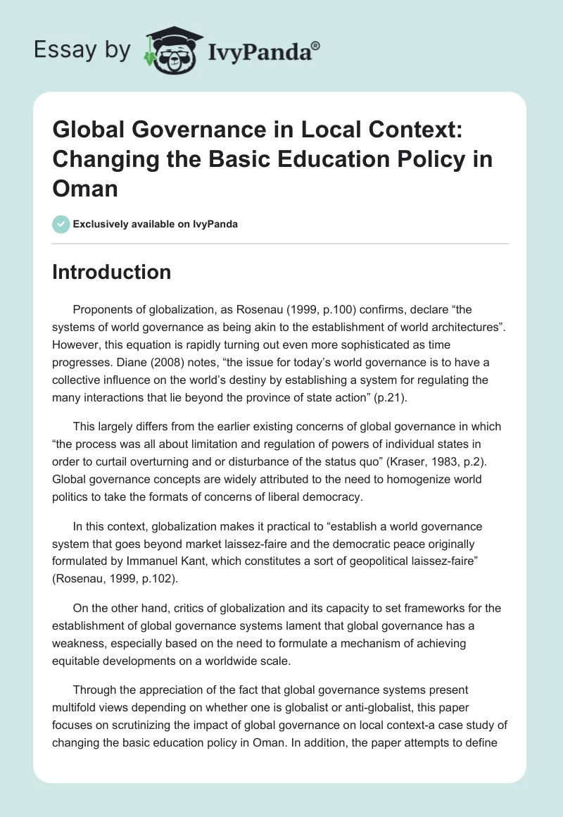 Global Governance in Local Context: Changing the Basic Education Policy in Oman. Page 1