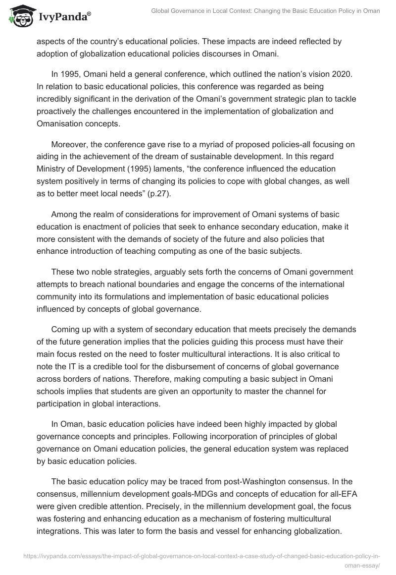 Global Governance in Local Context: Changing the Basic Education Policy in Oman. Page 5