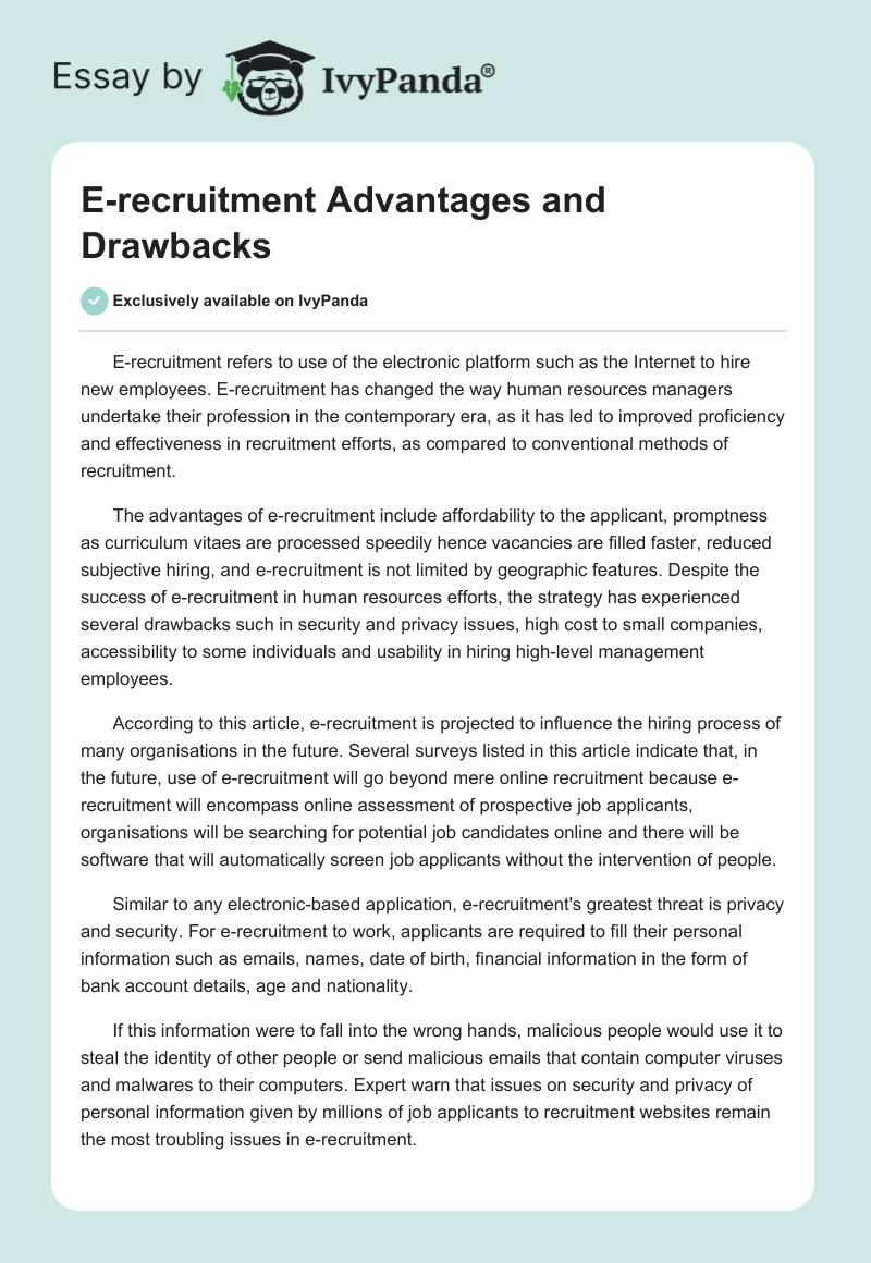 E-recruitment Advantages and Drawbacks. Page 1