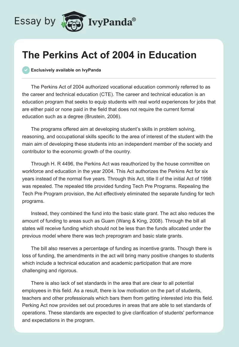 The Perkins Act of 2004 in Education. Page 1