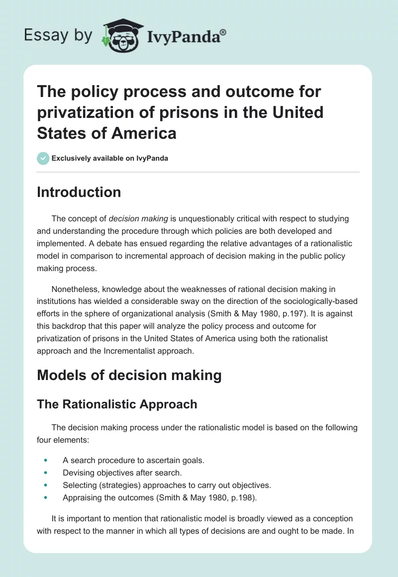 The Policy Process and Outcome for Privatization of Prisons in the United States of America. Page 1