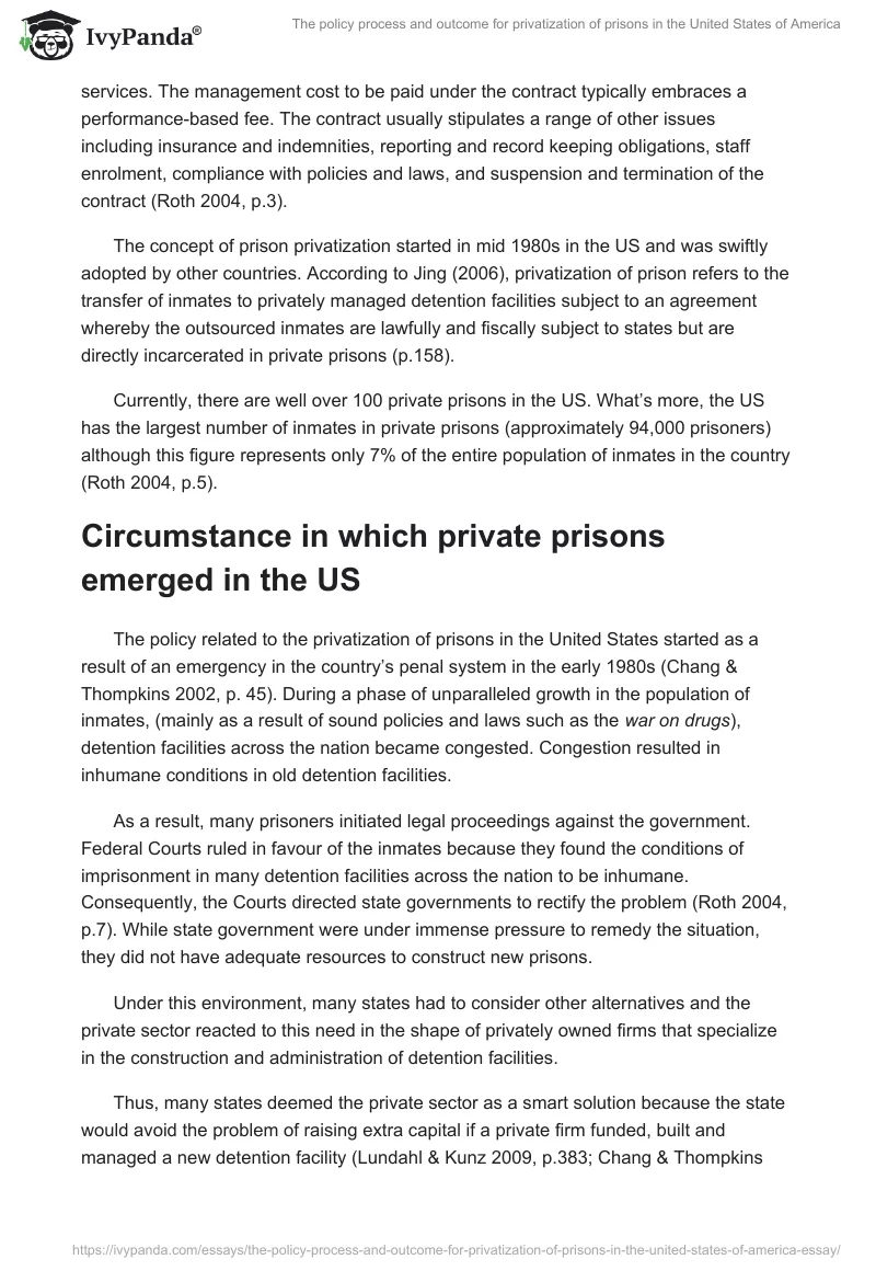 The Policy Process and Outcome for Privatization of Prisons in the United States of America. Page 4