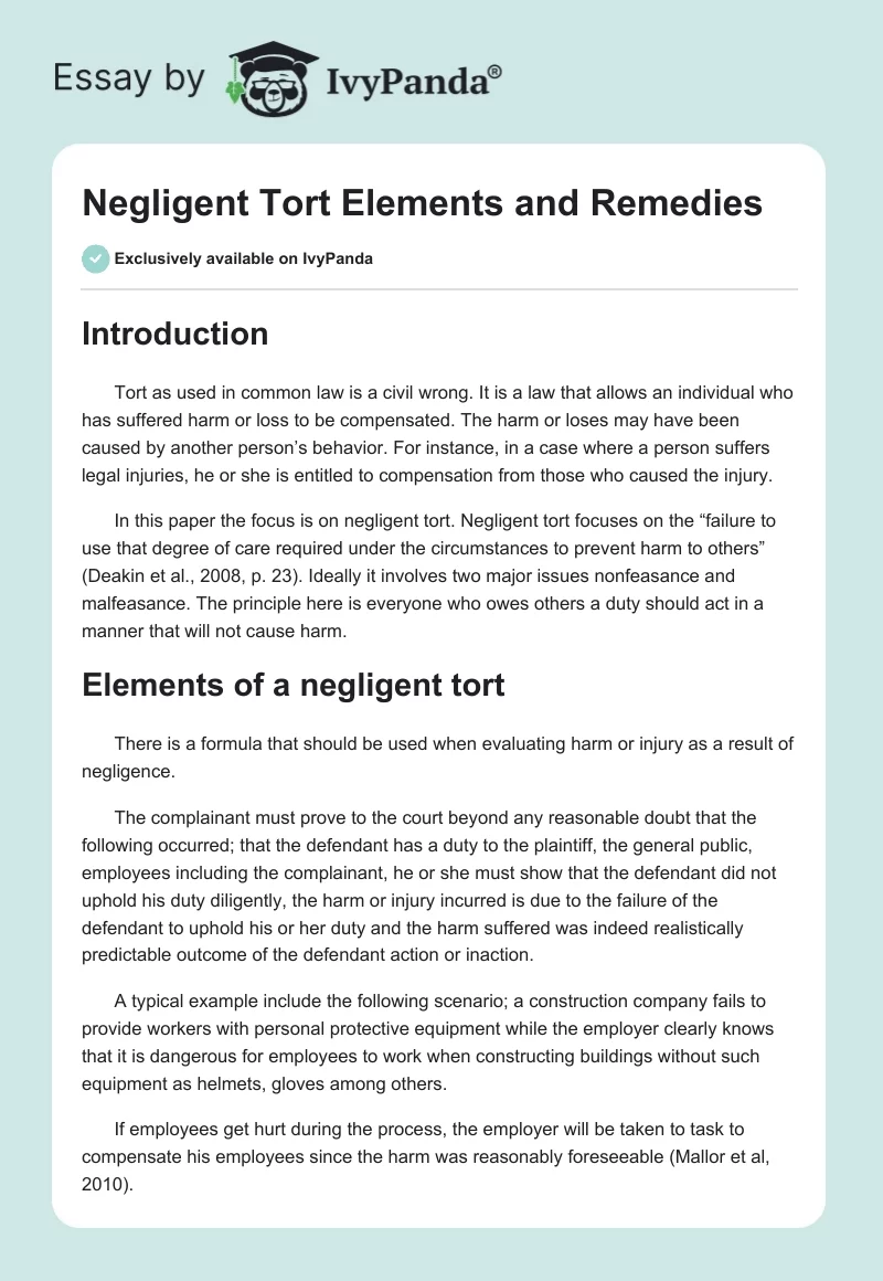 Negligent Tort Elements and Remedies. Page 1