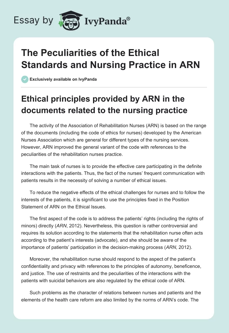 The Peculiarities of the Ethical Standards and Nursing Practice in ARN. Page 1