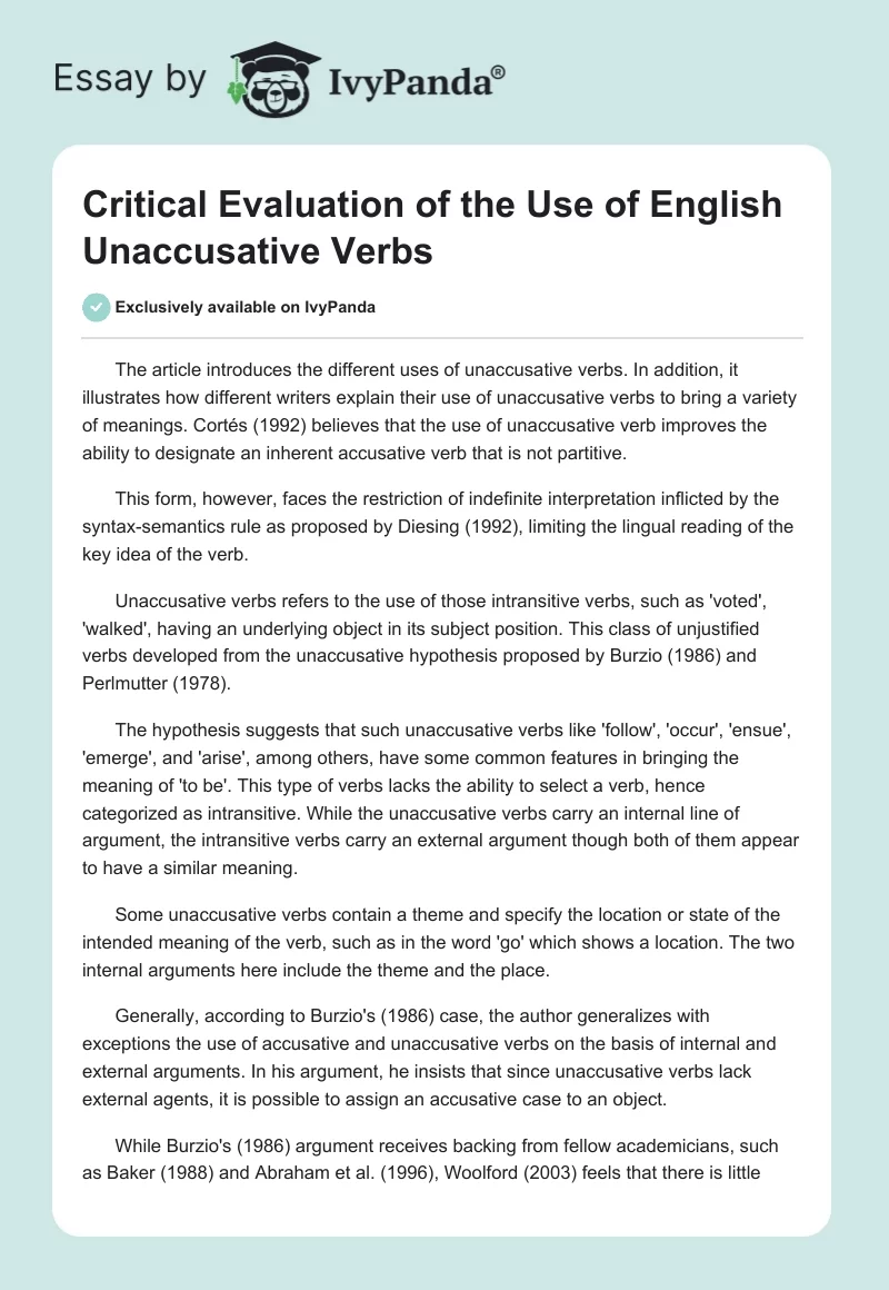 Critical Evaluation of the Use of English Unaccusative Verbs. Page 1