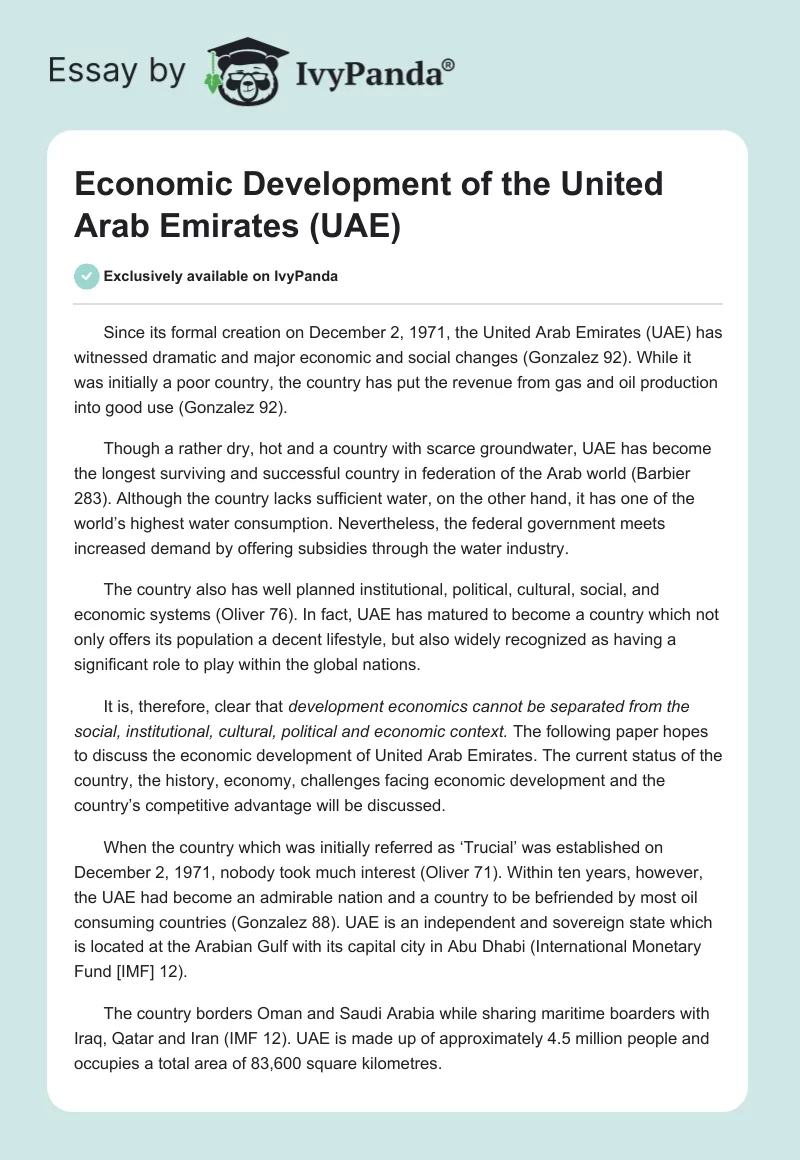 Economic Development of the United Arab Emirates (UAE). Page 1